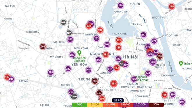 Ô nhiễm không khí ở Hà Nội liên tục duy trì ở mức cao (ảnh chụp màn hình) /// Ảnh L.Q