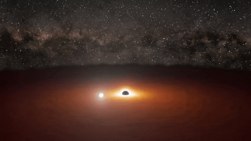 Đồ họa mô phỏng chuyển động của hố đen nhỏ quanh hố đen lớn /// NASA/JPL-Caltech