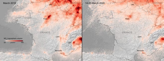 Hình ảnh so sánh mức độ khí thải NO2 trong không khí giữa thời điểm dịch Covid 19 gia tăng và thời điểm 1 năm trước đó /// Nguồn từ Cơ quan Vũ trụ châu Âu (ESA)