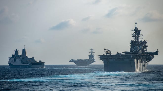 Nhóm tàu sân bay Mỹ USS Theodore Roosevelt trên Biển Đông hồi tháng 3.2020 /// Hải quân Mỹ