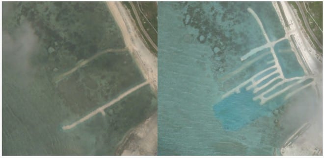 Ảnh chụp từ vệ tinh vào ngày 17.4 (trái) và ảnh chụp ngày 25.6 cho thấy có sự thay đổi tại một góc ở đảo Phú Lâm trong quần đảo Hoàng Sa thuộc chủ quyền Việt Nam nhưng đang bị Trung Quốc chiếm đóng phi pháp /// Chụp màn hình BenarNews