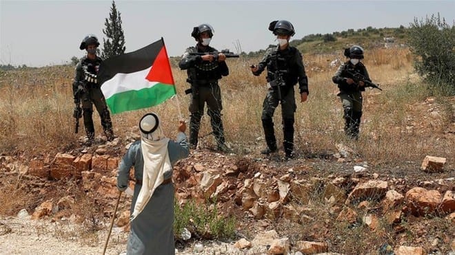 Một người biểu tình cầm cờ Palestine phản đối Israel sáp nhập các vùng lãnh thồ Bờ Tây /// Reuters