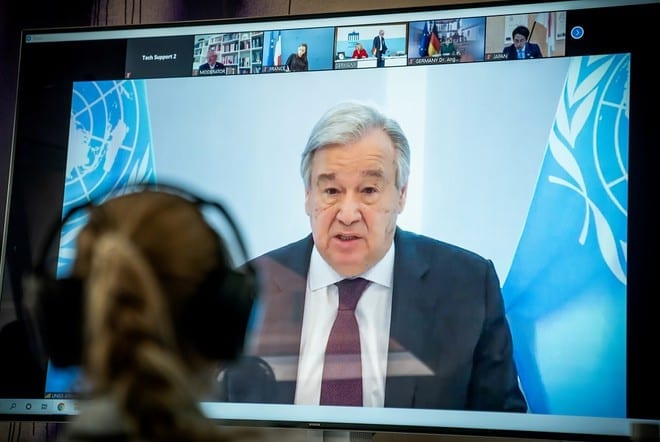 Tổng thư ký LHQ Antonio Guterres phát biểu trong một hội nghị trực tuyến /// Reuters