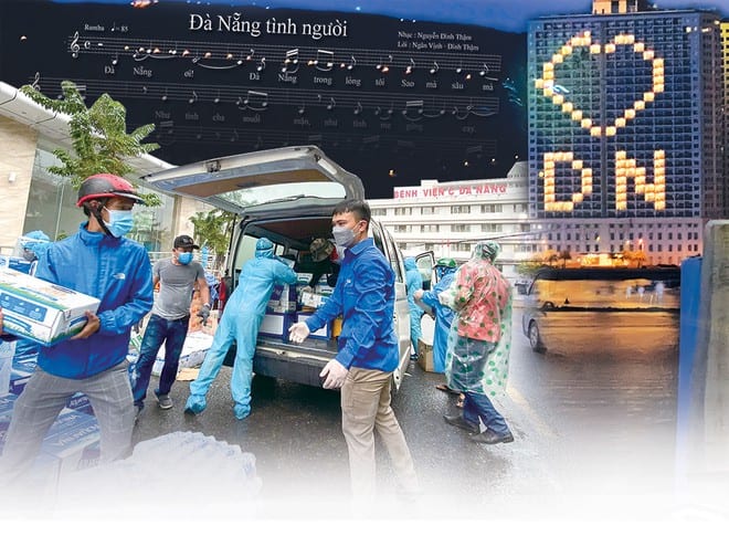 Người dân Đà Nẵng gửi hàng chi viện cho y bác sĩ chống dịch - Ảnh nhỏ: Một khách sạn thắp đèn tạo hình trái tim và chữ ĐN (Đà Nẵng) để cổ vũ