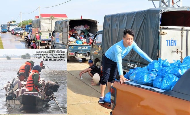 Nhiều xe chở hàng cứu trợ dồn ứ tại cửa ngõ trung chuyển ở thôn Hoàng Viễn, xã Sơn Thủy, H.Lệ Thủy, Quảng Bình /// ẢNH: TRƯƠNG QUANG NAM