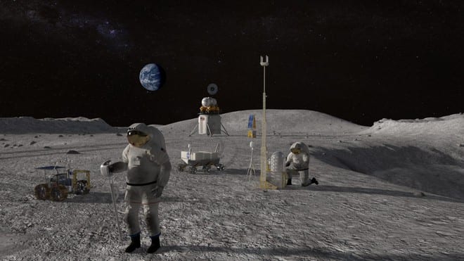 Hình ảnh mô phỏng con người xây dựng các công trình nghiên cứu trên mặt trăng /// NASA