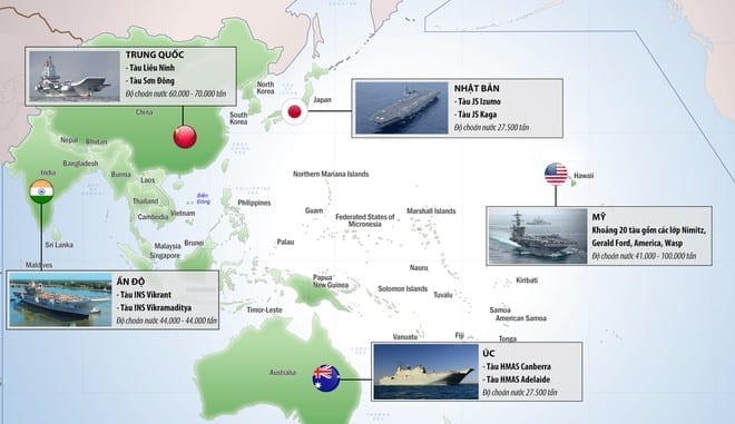 Thực lực tàu sân bay ở Biển Đông và khu vực xung quanh /// Đồ họa: Phát Tiến