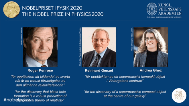 Từ trái sang phải, các nhà khoa học Roger Penrose, Reinhard Genzel và Andrea Ghez /// Nobelprize.org
