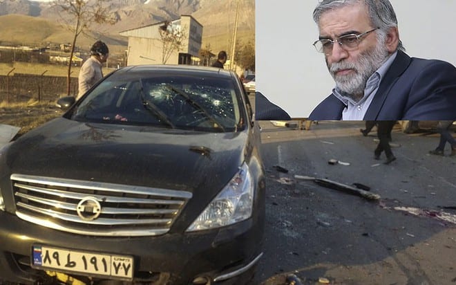 Nhà khoa học Mohsen Fakhrizadeh (ảnh nhỏ) thiệt mạng sau vụ tấn công nhằm vào xe của ông gần Tehran /// Ảnh: Reuters