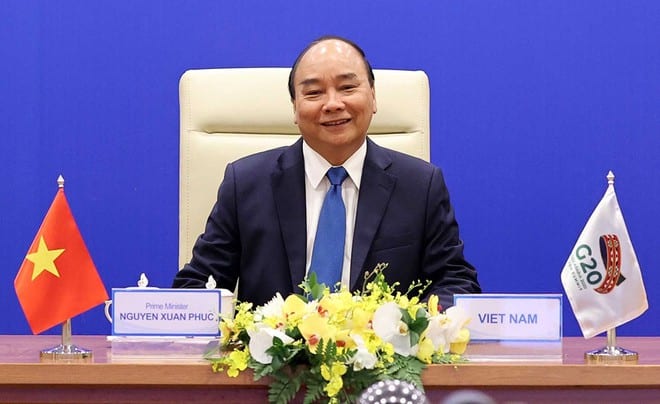 Thủ tướng Nguyễn Xuân Phúc phát biểu trực tuyến tại Hội nghị Thượng đỉnh G20 /// Ảnh: TTXVN