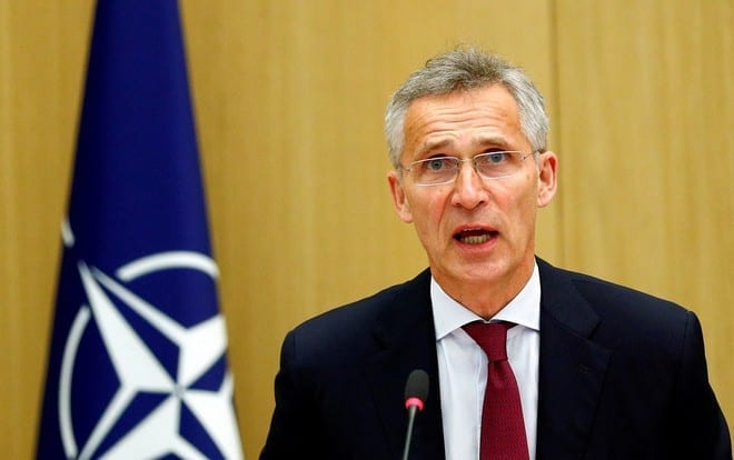 Tổng thư ký NATO Jens Stoltenberg phát biểu trong một buổi họp báo trực tuyến tại thủ đô Brussels, Bỉ /// Reuters