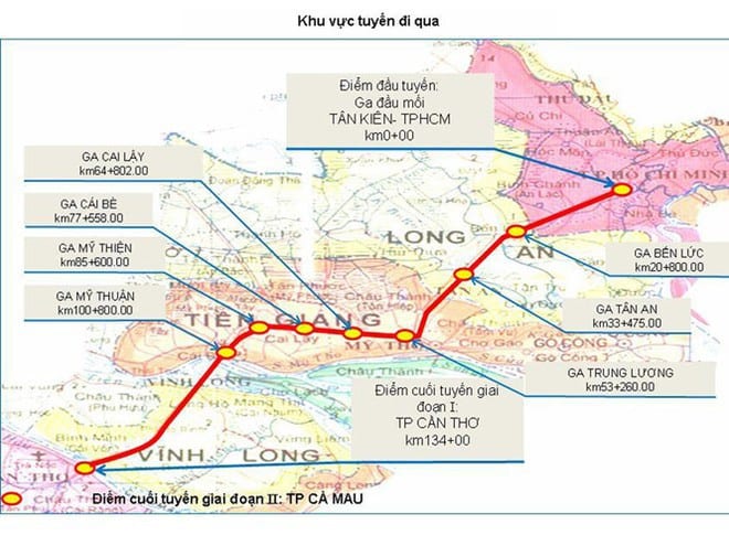 Bản đồ tuyến đường sắt cao tốc TP.HCM - Cần Thơ theo quy hoạch