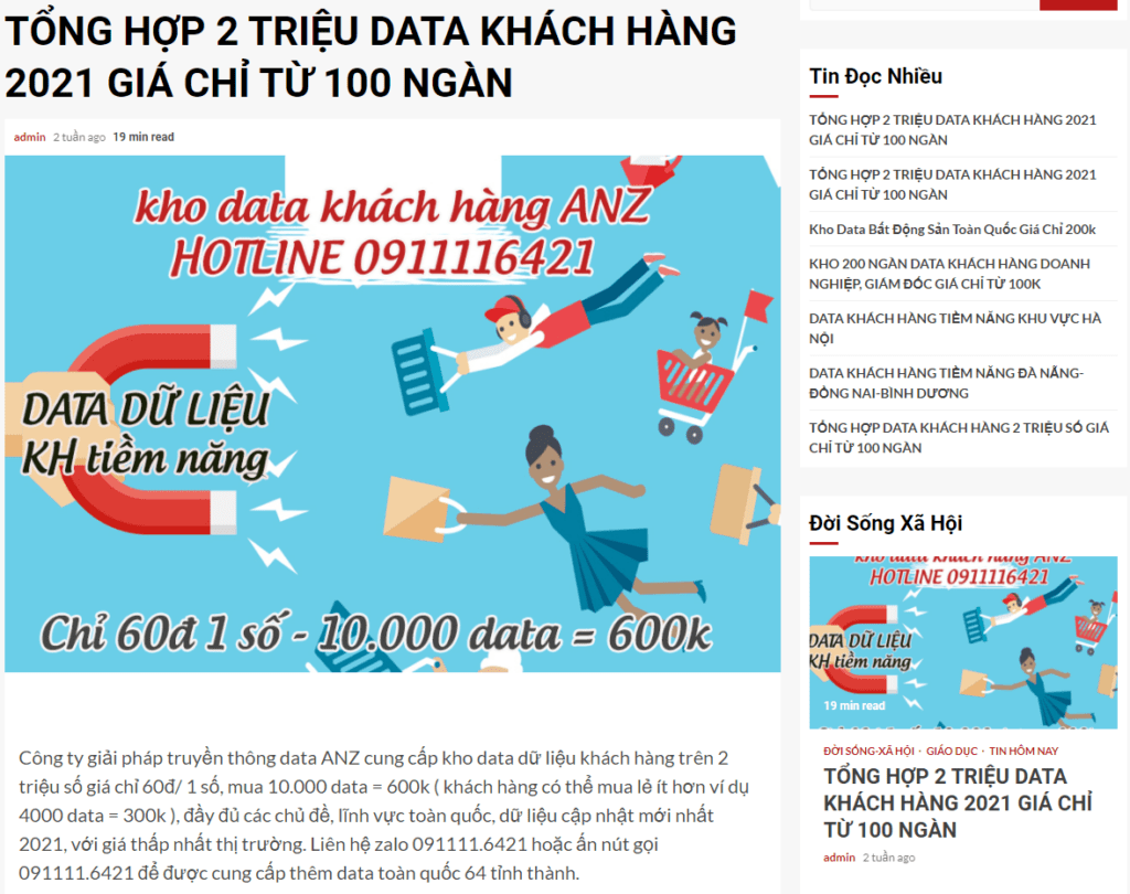Người quản trị trang Vietnamhom…net quảng cáo bán 2 triệu dữ liệu người dùng với giá 60 đồng/số /// Ảnh: Chụp lại màn hình